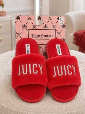 Juicy Couture Red Plush Slide Slippers Women’s L 8–9 Rhinestone NWT